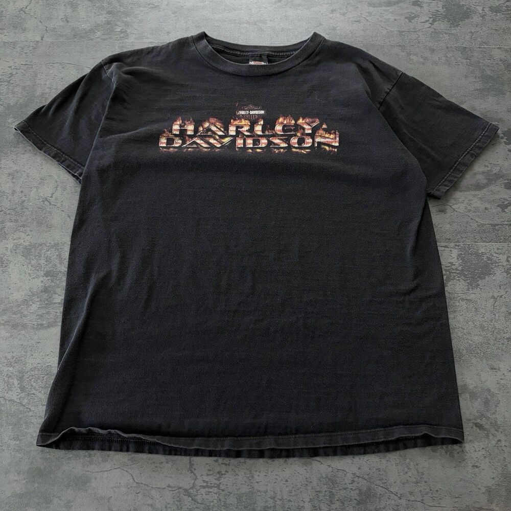 Y2K 90s Harley-Davidson Florida Flame Chrome Logo Graphic Shirt Black Grunge XL